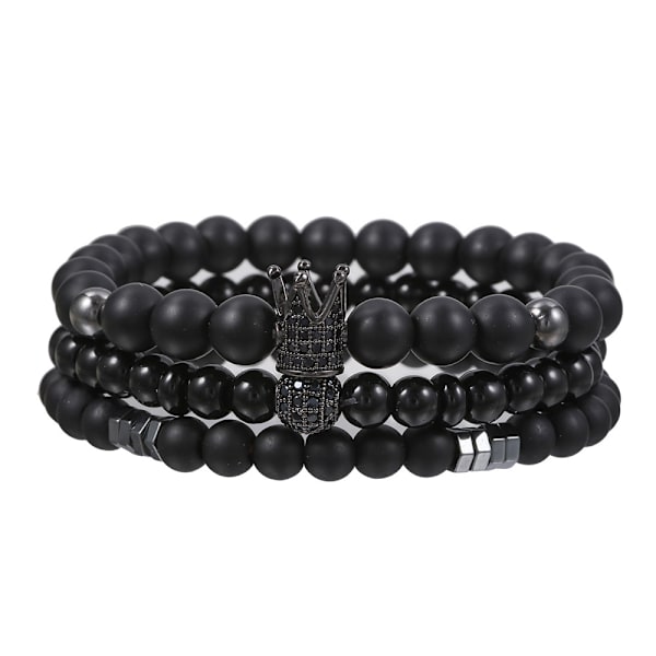 Armbandset med vulkanstenar, svarta frostade svarta gallstenar, träpärlor, kombination, hiphop-stil, elastiskt armband