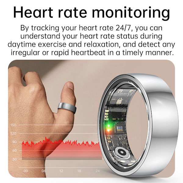 Smart Ring R1000 – Sömnmonitor, Bluetooth 5.0, Blodsyremätare Silver Silver 9