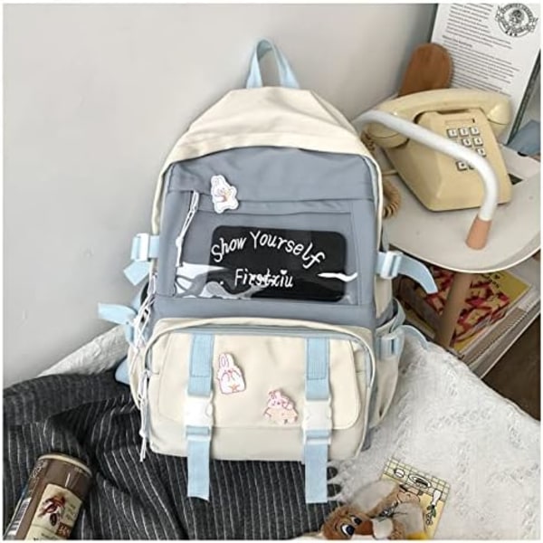 Kawaii Ryggsäck med Kawaii-nål och Tillbehör Söt Kawaii Ryggsäck för Skolväska Kawaii Tjej Ryggsäck Söt (Blå)