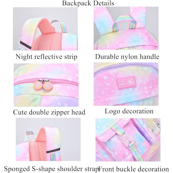 Söt färgglad vardagsryggsäck för flickor, tonåringar grundskola ryggsäck, primära skolväskor för tonå gradient Pink