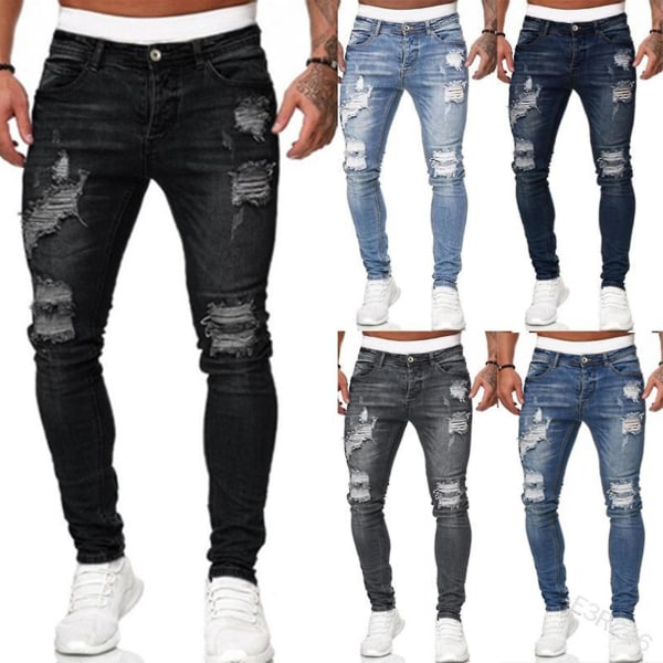 Rivade jeansbyxor för män, byxor med smal passform XXXL