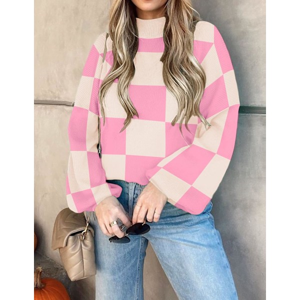 Kvinnors 2024 Höst Mode Turtleneck Långärmad Randig Ribbstickad Lös Pullover Tröja Toppar Pinkplaid XX-Large