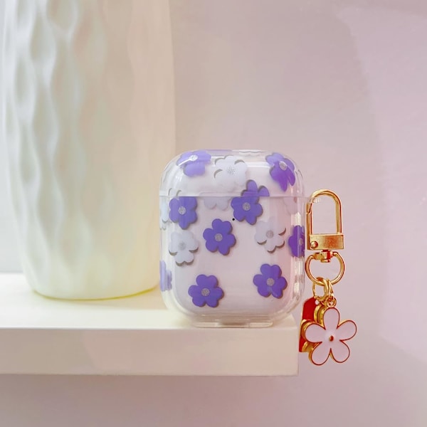 Fodral för AirPods 2:a/1:a generation med nyckelring, sött genomskinligt glitterblommigt skyddsfodral, mjukt transparent TPU för AirPods 2/1-fodral purple floral