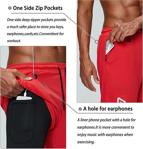 2 i 1 löparshorts med telefonficka Gym Workout Snabbtorka herrshorts 5 tum Red Red Medium