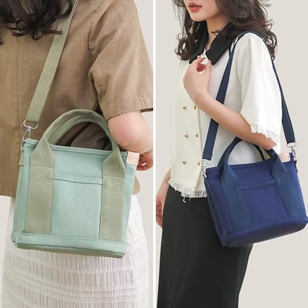 Multi-lomme Tote Bag med glidelås, Håndlaget Canvas Veske med rom, Multifunksjonell Satchels Bag for kvinner Damer Universitet Skole Arbeid Reise Dark Blue-small