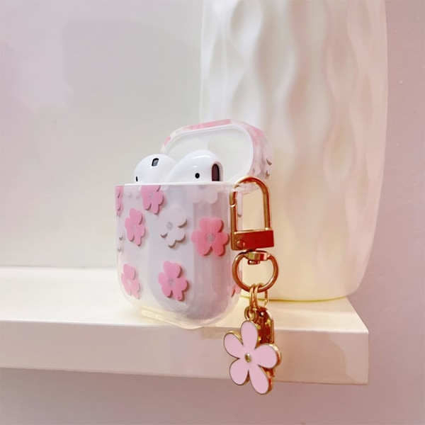 Fodral för AirPods 2:a/1:a generation med nyckelring, sött genomskinligt glitterblommigt skyddsfodral, mjukt transparent TPU för AirPods 2/1-fodral pink floral