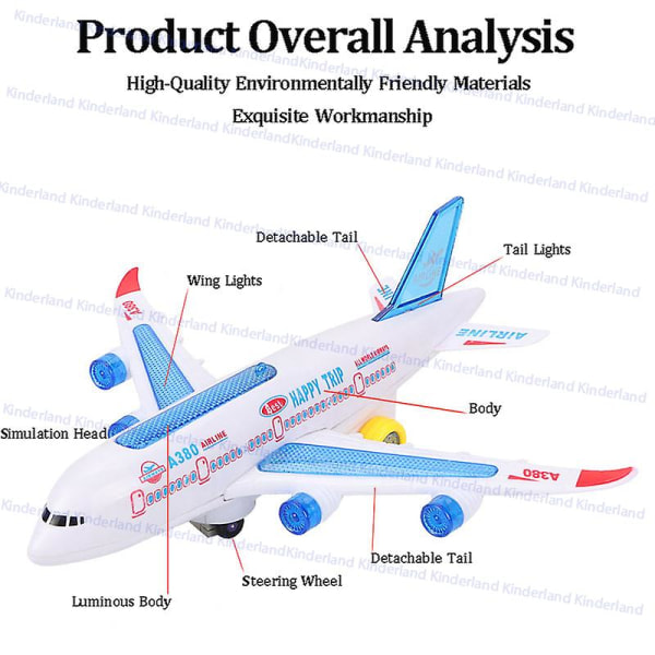Elektriskt flygplan med musik, ljus och ljud, leksaksplan A380, lätt passagerarflygplanleksak
