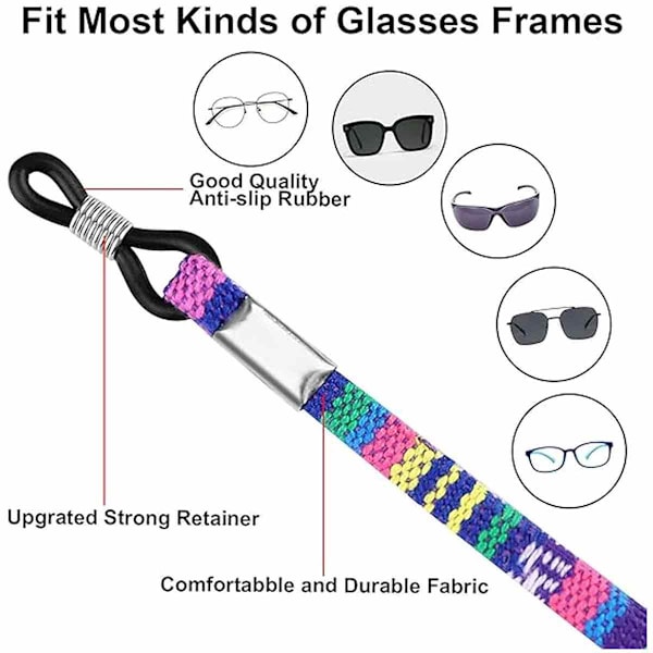 4 st glasögonremmar, nylon halkfria glasögonrem justerbar nackbandhållare snodd bohemisk glasögonrem för kvinnor män