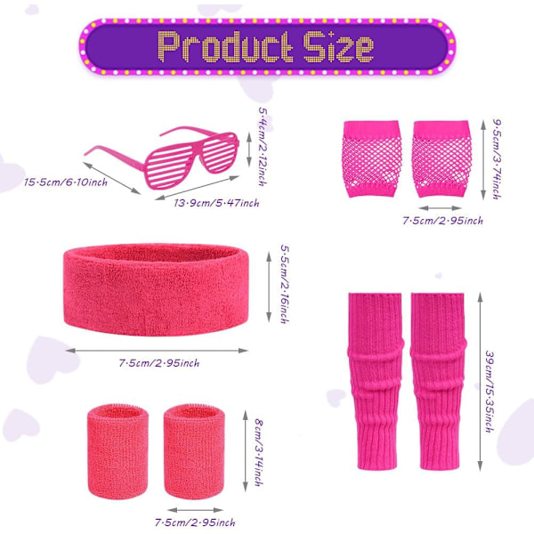 80-luvun neonväriset juhla-asusteet, 1980-luvun retro-teemajuhlien koristelu naisille tytöille, sisältää lasit - Ruusunpunainen With glasses - Rose Red One size