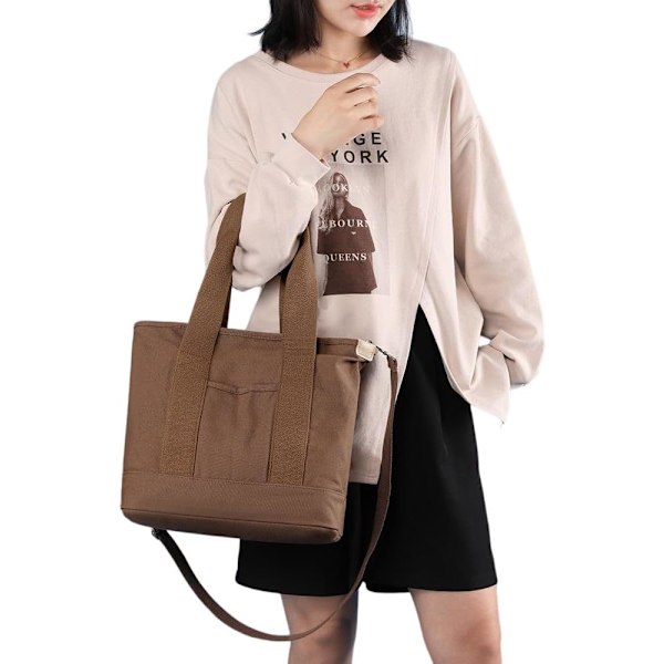 Multi-Pocket Tote Bag med dragkedja, Canvas Handgjord Handväska med fack, Multifunktion Satchels Bag för kvinnor Damer Univisity Skola Arbete Resor Coffee - Medium