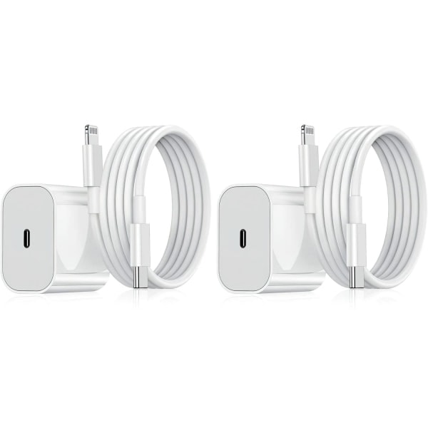 För iPhone Laddare - Snabbladdare - Adapter + Kabel 20W USB-C 2m Kabel Vit 2-pack