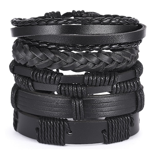 5-pack Handgjorda Läderarmband Herrarmband Svart Sort