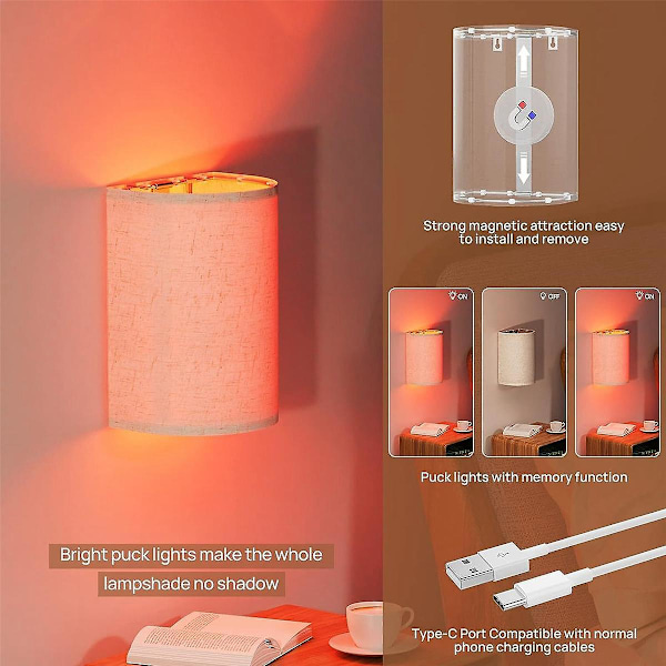 Uppladdningsbar vägglampa Magnetisk trådlös lampa RGB-färger Dimbar med linneskärm och fjärrkontroll, belysning 2s Creamy white