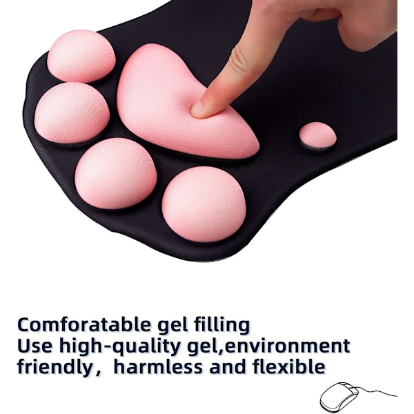Musematte med kattepote og håndleddstøtte, bærbar ergonomisk sklisikker spillmusematte for å lindre håndleddsmerter (10,7 x 7,7 x 1,1 tommer) (Svart Sakura)