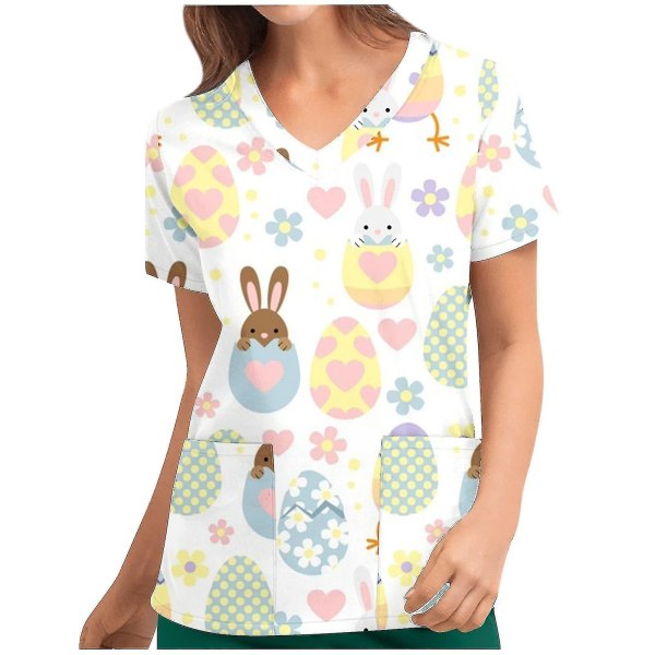 Kvinnor påsk Print Medical Scrubs Omvårdnad Uniform Kortärmade fickor Toppar T-shirt Snow White 2XL