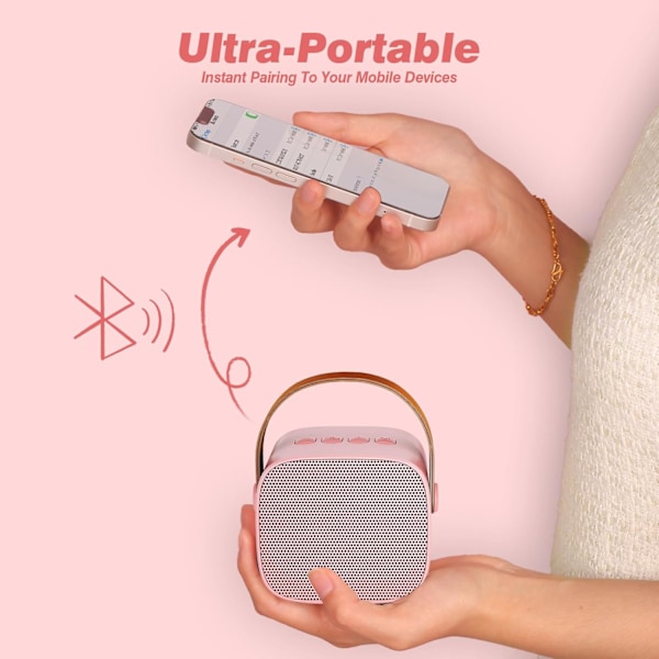 Mini Karaoke Maskin Barn med 2 Trådlösa Mikrofoner, Bärbar Bluetooth Högtalare med Trådlös Mikrofon (Rosa) Pink 2 Mic