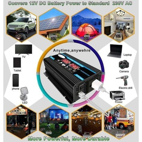 12V 220V Ren Sinus Inverter 4000W Ren Sinusbølge Inverter Transformer med Fjernbetjening & Dobbelte AC-stik til Autocamper Lastbil Bil