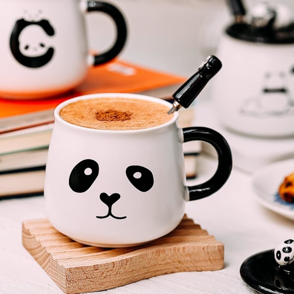 Panda Mug - Söt Keramisk Kaffeemugg med 3D Panda Sött Lock och Rostfritt Stålsked Nyhet Mugg Present till Pandaälskare