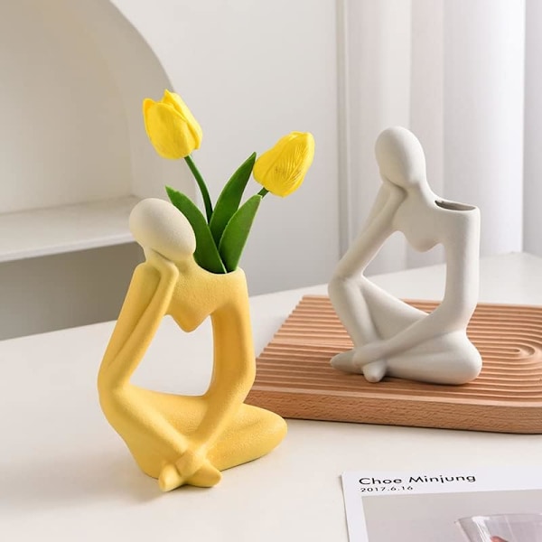 Tänkare Vas Staty, Abstrakt Figur Blomkrukor Dekorativa, Bordsvas, Modern Konst Vas, Abstraktion Blommor Vas, Nordisk Tänkare Staty (Gul) Yellow