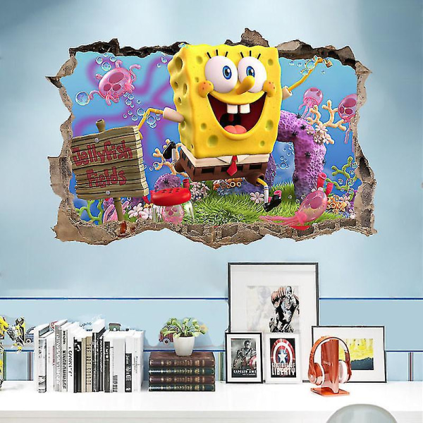Hywell Spongebob väggdekaler för barnrum Graffiti dekoration 3d Fantasy Cartoon Stickers Avtagbara 90*60cm