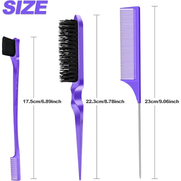 Pcs Slick Brush Set, Plastic Bristle Hair Brush Teasing Comb Edge Hair Brush Teasing Brush Set, Rat Tail Comb Double Sided Edge Brush Purple