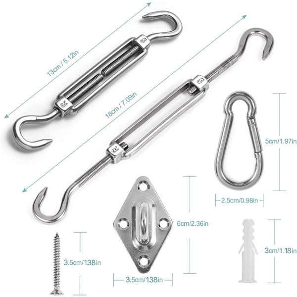 Markisfäste Set, Heavy Duty Solsegel Rostfritt Stål Hårdvara Kit för Trädgård Triangel och Fyrkant, Solsegel Fästtillbehör carabiner-2