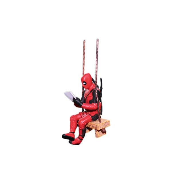 Cartoon Deadpool bilbackspegelhänge, lilla tik som läser en bok, kontorsbilhänge Reading