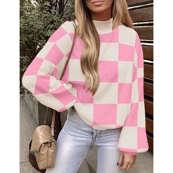 Kvinnors 2024 Höst Mode Turtleneck Långärmad Randig Ribbstickad Lös Pullover Tröja Toppar Pinkplaid X-Large