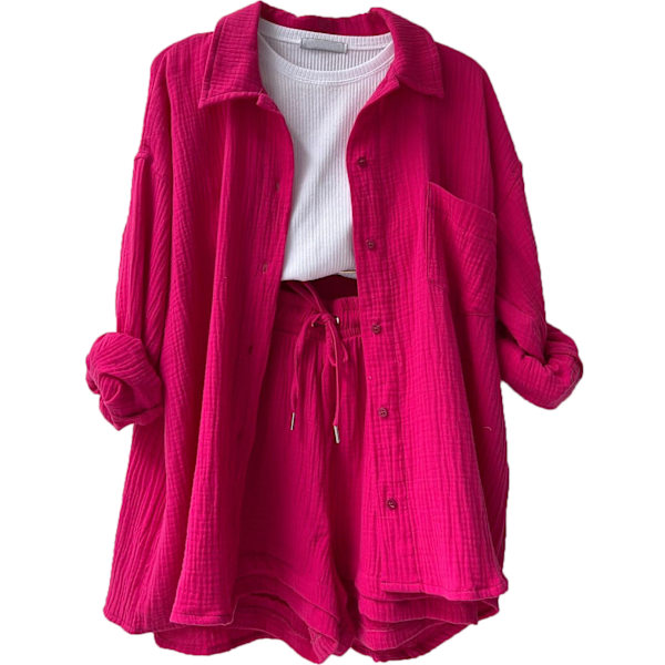 Skrynklig krage för kvinnor, långärmad skjorta, shorts med dragsko med hög midja, moderiktigt casual set i två delar rose S rose s