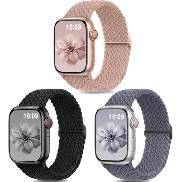 3-pack vävda armband kompatibla med Apple Watch-band 40 mm 38 mm 41 mm för kvinnor och män, justerbart nylonstretchigt elastiskt sportutbytesband Black/Starry/Pink Sand 42/44/45/49mm