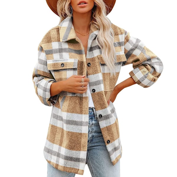 Dame Casual Plaid Shackets Børstet Flanell Knap Ned