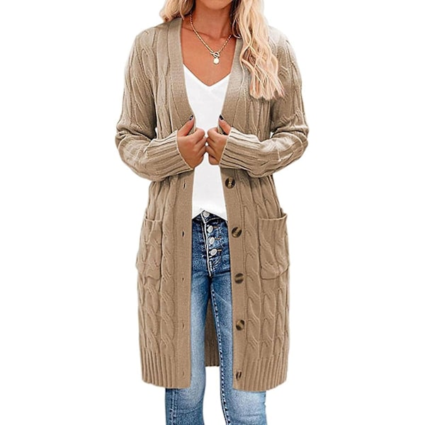 Dam långärmad kabelstickad lång kofta Öppen främre tröja med knappar Ytterkläder Khaki Khaki S