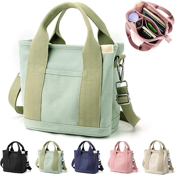 Multi-Pocket Tote Bag med dragkedja, Canvas Handgjord Handväska med fack, Multifunktion Satchels Bag för kvinnor Damer Univisity Skola Arbete Resor Green-small