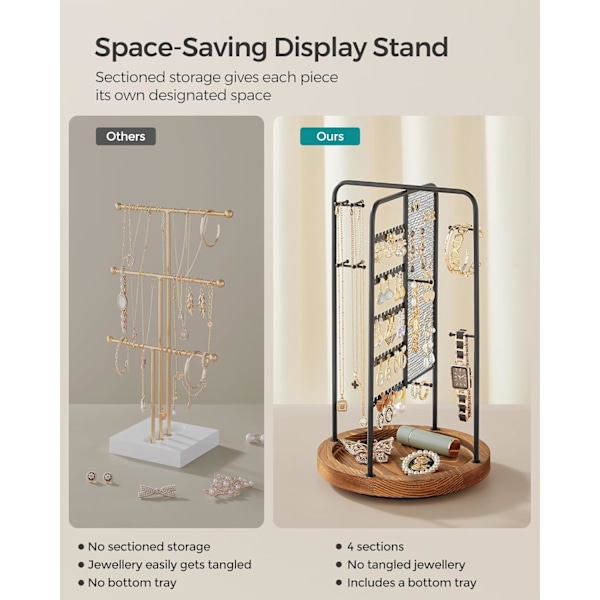 Smyckesställ, roterande smyckesdisplay, 4 oberoende sektioner, metallram, med bottenbricka, smyckesorganisatör för halsband, armband Black