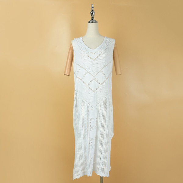 Ermeløs Bikini Coverup V-hals uthulet strikket kjole for kvinner venner familie White 0.34