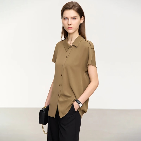 Minimalism Asymmetrisk Turndown-krage Lös chiffong Damskjortor & blusar Chic 2023 Summer Solid Dam Toppar 12342565 brown S