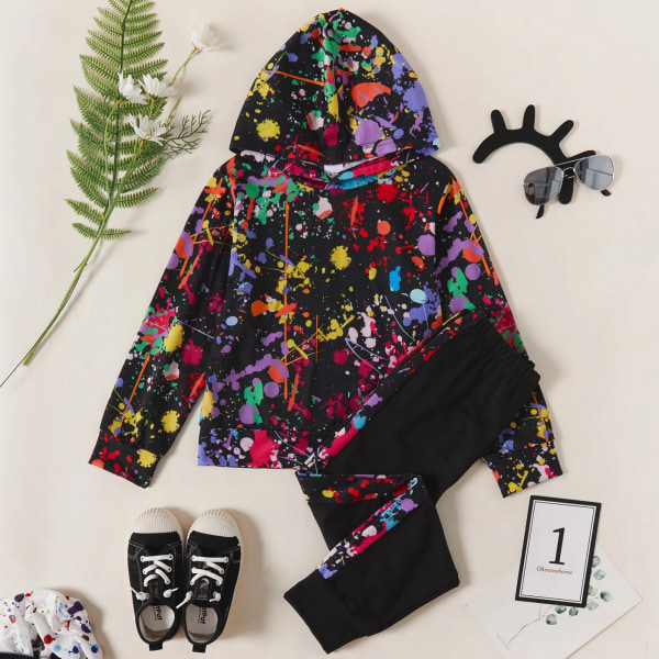 2-delad Kid Boy Print Hoodie och elastiska byxor Casual Set Black 6-7Years