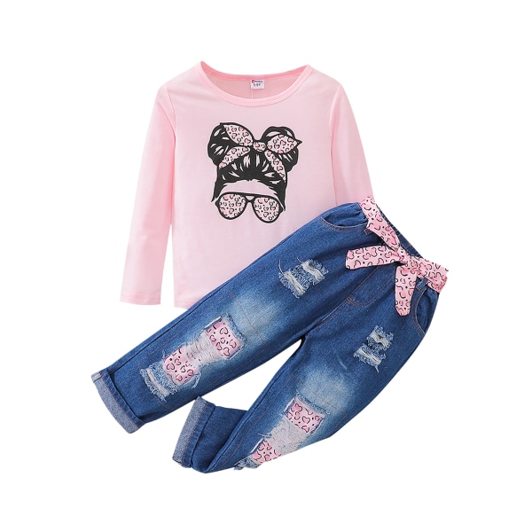 2 st Kid Girl Figure Print Långärmad rosa t-shirt och set med bälte och riven denim Pink 7-8 Years