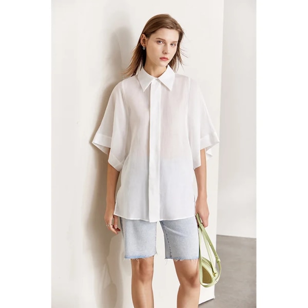 Minimalism Elegant och ungdomlig kvinna blusar 2023 Sommar Casual Turndown krage damskjorta Damskjortor & blus 12240832 white M