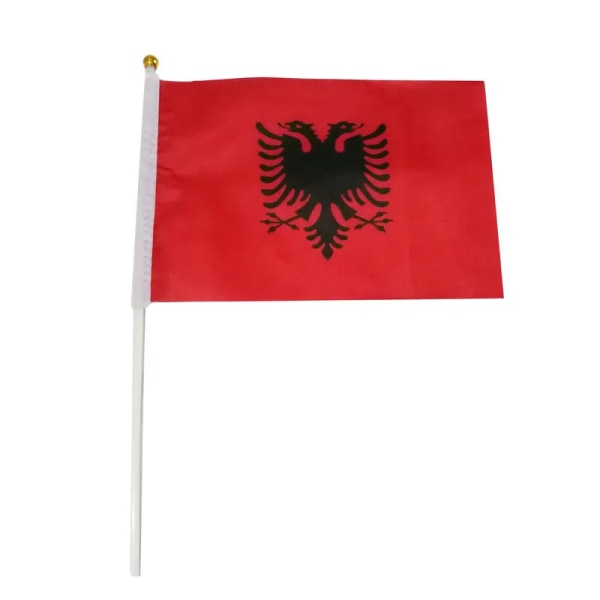 zwjflagshow Albanien Handflagga 14*21cm 100st polyester Albanien Liten Handviftande flagga med plastflaggstång för dekoration Red 14x21cm 100pcs