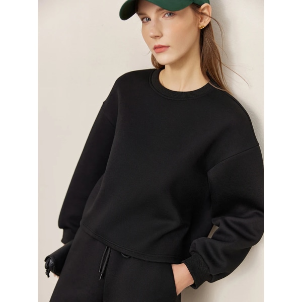 Minimalistiska tvådelade set Dam 2022 Höst Lös Elegant Pullover Sweatshirts Casual All-match Byxor Separat 12240428 Black (Pant) M