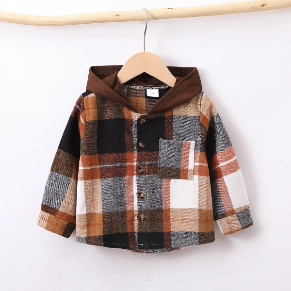 Toddler Pojke/Flicka Rut Patch Pocket Button Front Hoodie Brown 2Years