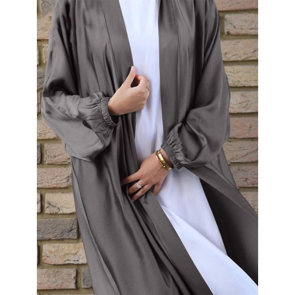 Eid Djellaba Abaya Dubai Glänsande mjuk manschett Ärmar Muslimsk klänning Silkeslen Kimono Dubai Turkiet Muslimsk klänning Islam Abayas Med Bälte WY56 Dark Gray 2 No Scarf S