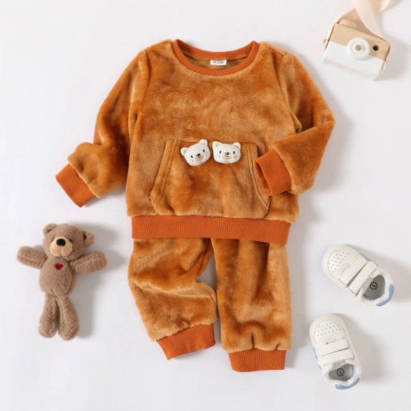 Kläder för baby pojke Sweatshirts New Born Babies Artiklar Uppstoppade björndetalj Långärmad Fuzzy Topp och byxor 2st Set Brown 12-18 Months