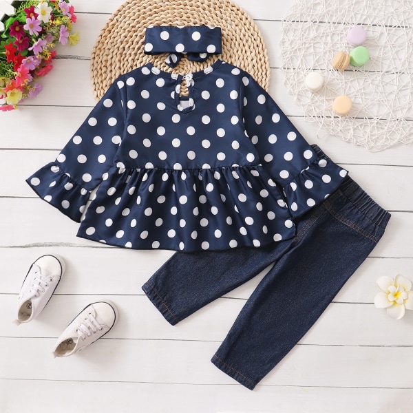 3st Baby All Over Polka Dots Navy Ruffle Bell Sleeve Top och bomull Ripped Jeans Set Navy 12-18Months