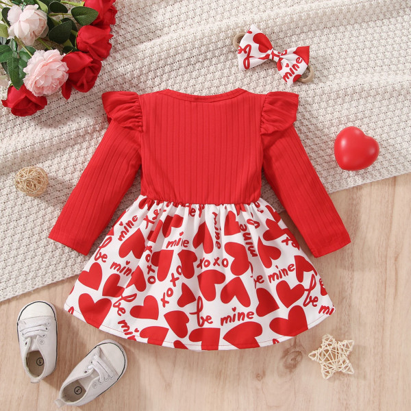 Alla hjärtans dag 2st Baby Girl Röd Ribbad volang Långärmad Klänning med Hjärta och Print med Set Red 12-18 Months