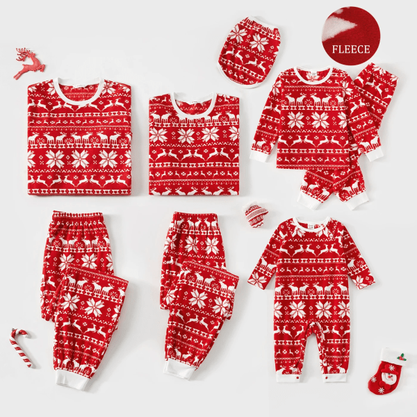 Julfamilj Matchande långärmad Allover Hjortar & Snöflinga Print Röd Fleece Pyjamas Set (Flamsäker) REDWHITE Kids 3-4 Years