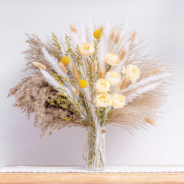 100 st Boho Heminredning Torkade Pampa Blommor Konstgjorda Rosor Bukettarrangemang Vitt & Naturligt Pampas Gräs, Vass, Bunny Tails no vase