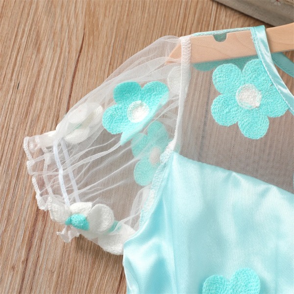 Kid Girl Klänningar Blommig broderad kortärmad klänning med bälte i mesh MintGreen 11-12 Years