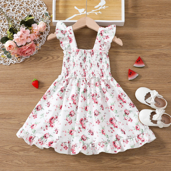 Toddler sött print med smockad ärmlös klänning White 2Years